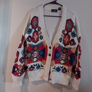 Vintage Hunters Run Cream Multicolor Geometric Knit Cardigan Sz L Very Cute